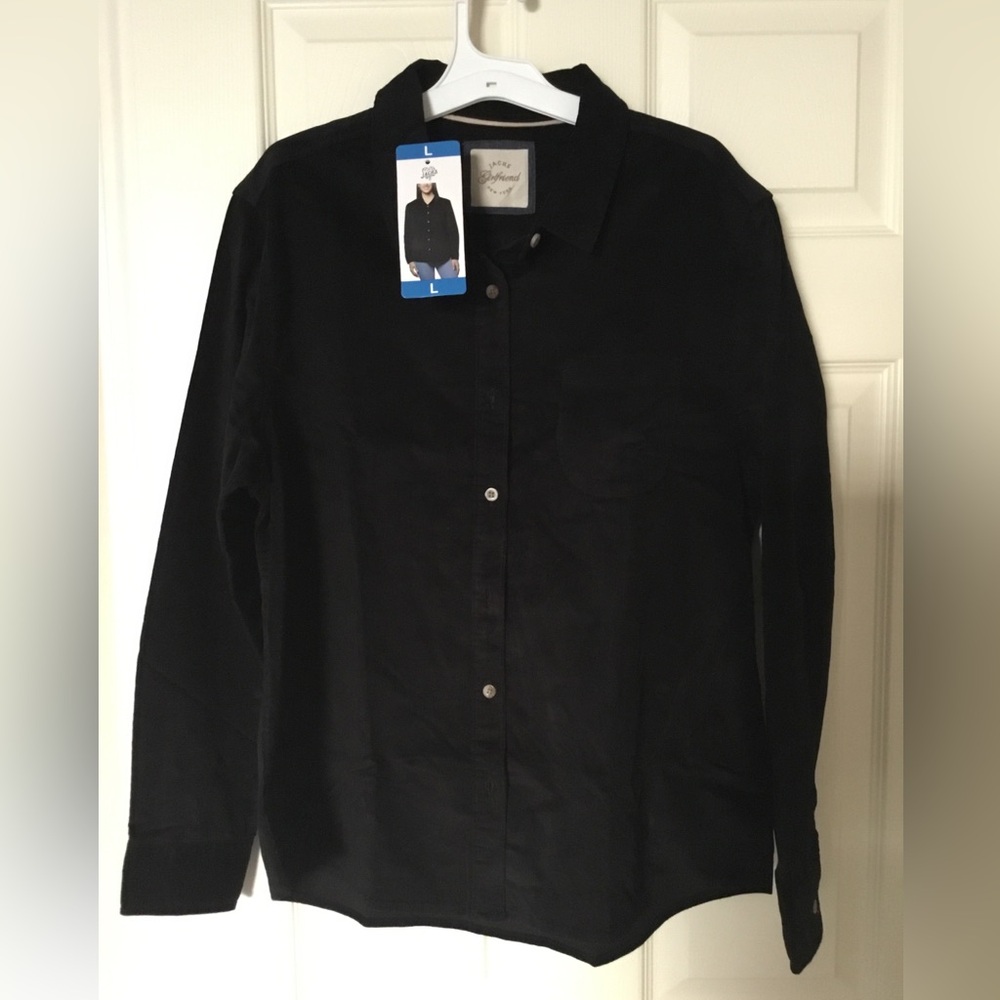 Black Stretch Corduroy Cotton Jachs Girlfriend Long Sleeve  Button Up Shirt